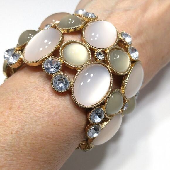 Rhinestone Stretch Bracelet, Wide Frosty Cream, 8 Inches, Gold Tone - Picture 3 of 10